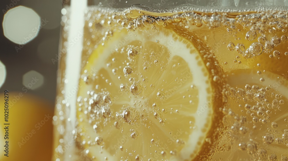 Poster a close-up of a glass of lemonade with bubbles rising and lemon slices floating inside, creating a r