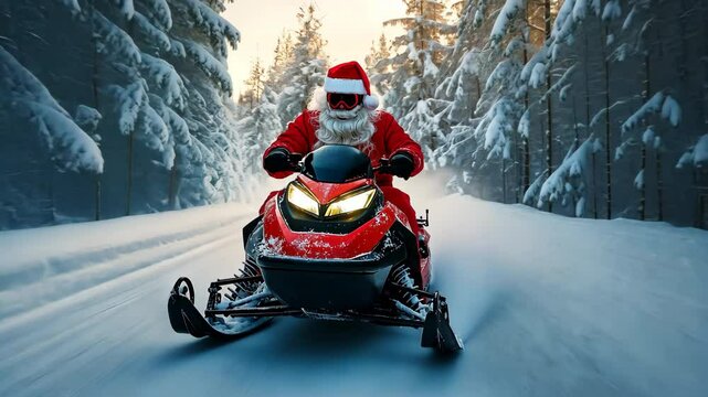 A man in a Santa Claus outfit is riding a snowmobile down a snowy road. The scene is festive and joyful, with the man's outfit and the snow-covered landscape creating a sense of holiday cheer