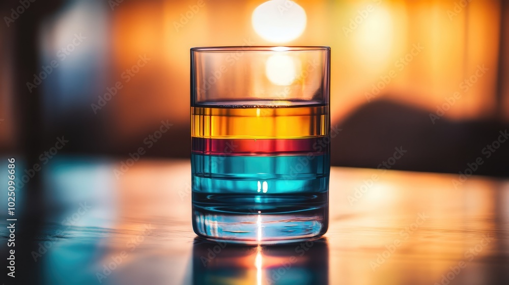 Poster a close-up of a glass with layers of multicolored liquids, creating a beautiful gradient effect as l
