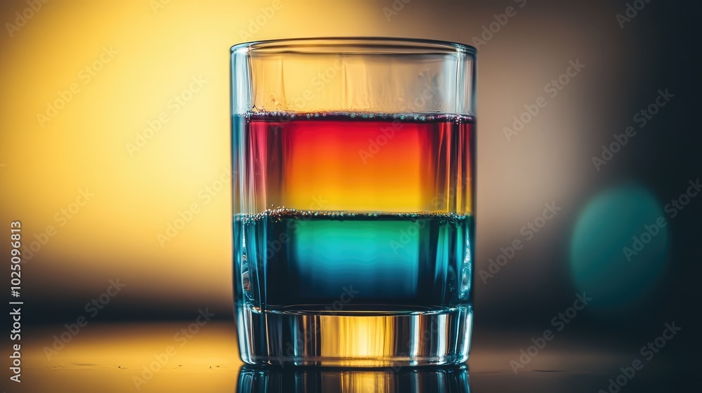 Poster a close-up of a glass with layers of multicolored liquids, creating a beautiful gradient effect as l