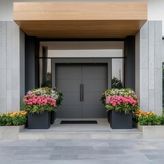 Fototapeta premium Contemporary luxury flower shop facade with bold geometric shapes, elegant floral displays, and modern materials, Flower Shop, Contemporary Luxury