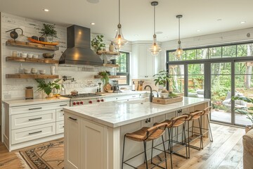 Modern Farmhouse Kitchen with White Cabinets and Open Concept Layout