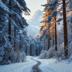 Scenic Winter Trail in Snow-Covered Landscape. Scenic Winter Road with Pine Trees and Mountains