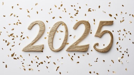 Elegant text 2025 in handwritten script font, with soft gold and silver accents, minimalistic