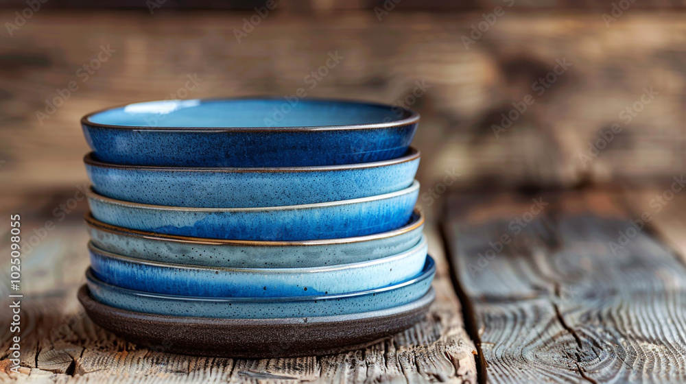 Poster a set of gradient-colored ceramic plates stacked on top of each other, transitioning from deep navy 