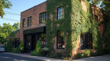 Fototapeta premium Brick Building Covered in Vines with Black Windows and Door