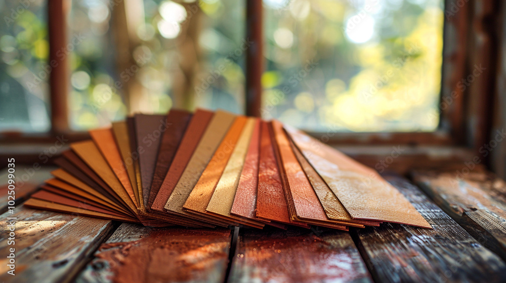 Poster a set of paint swatches displayed on a rustic wooden table, with soft daylight filtering through the