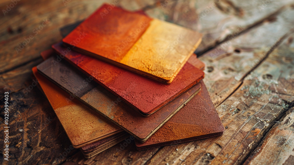 Poster a set of paint swatches displayed on a rustic wooden table, with soft daylight filtering through the