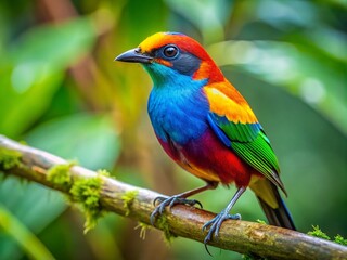 Obraz premium Colorful imu bird perched on a branch, showcasing vibrant feathers in a lush green environment