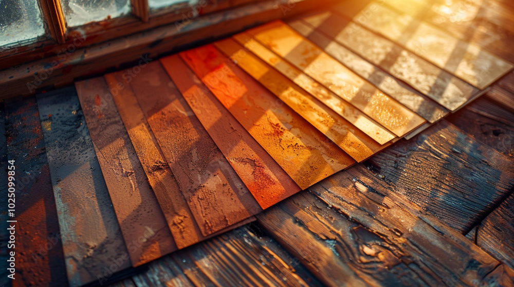 Poster a set of paint swatches displayed on a rustic wooden table, with soft daylight filtering through the