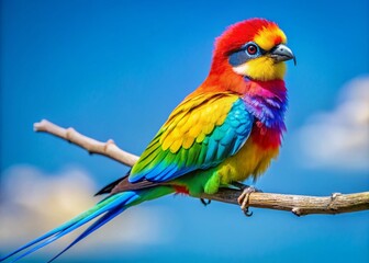 Obraz premium Colorful mime bird perched on a branch showcasing vibrant plumage against a blue sky background