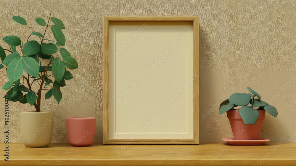 Wall mural an empty wooden frame stands alone on a shelf flanked by two small potted plants, inviting creativit