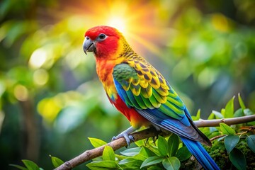 Obraz premium Colorful Parakeet Bird Perched on a Branch in Bright Natural Environment - Perfect for Nature and Pet Lovers