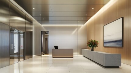 Modern Lobby with Reception Desk, Elevator, and Artwork