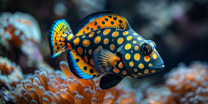 Vibrant Harlequin Tuskfish with Striking Orange Spots Amidst Coral Reef