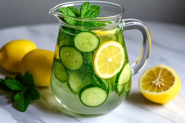 Fototapeta premium Detox water with slices of cucumber, lemon, and mint, served in a clear jug, creating a refreshing and hydrating image