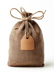 A rustic burlap bag tied with twine and a blank tag, isolated on a white background.