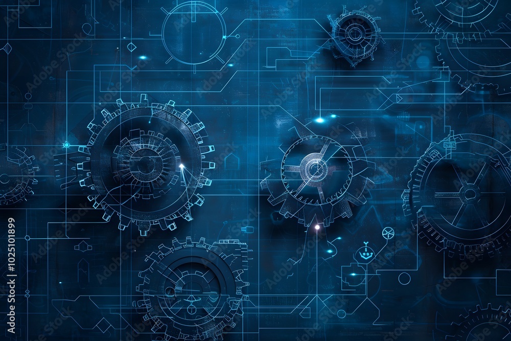 Poster intricate blueprints of gears and circuits in a digital landscape
