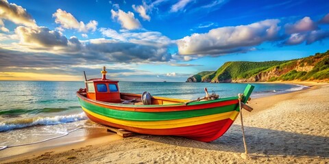 Fototapeta premium Colorful Small Wooden Fishing Boat on Beach for a Perfect Summer Vacation by the Sea with Vibrant Coastal