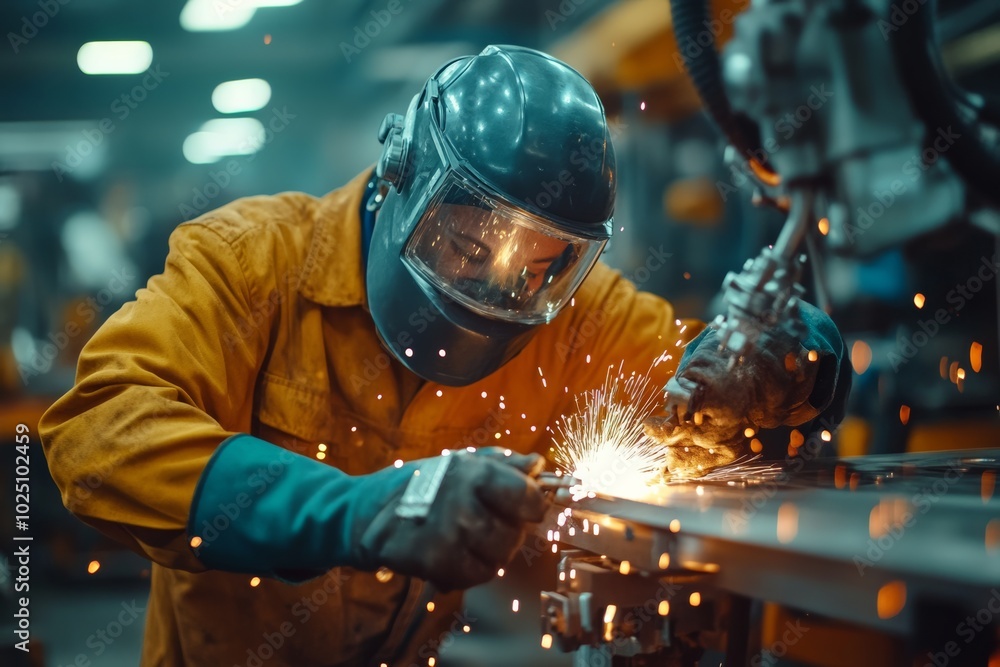 Poster man in jacket is working on a piece of metal with sparks flying. engineer check and control welding 