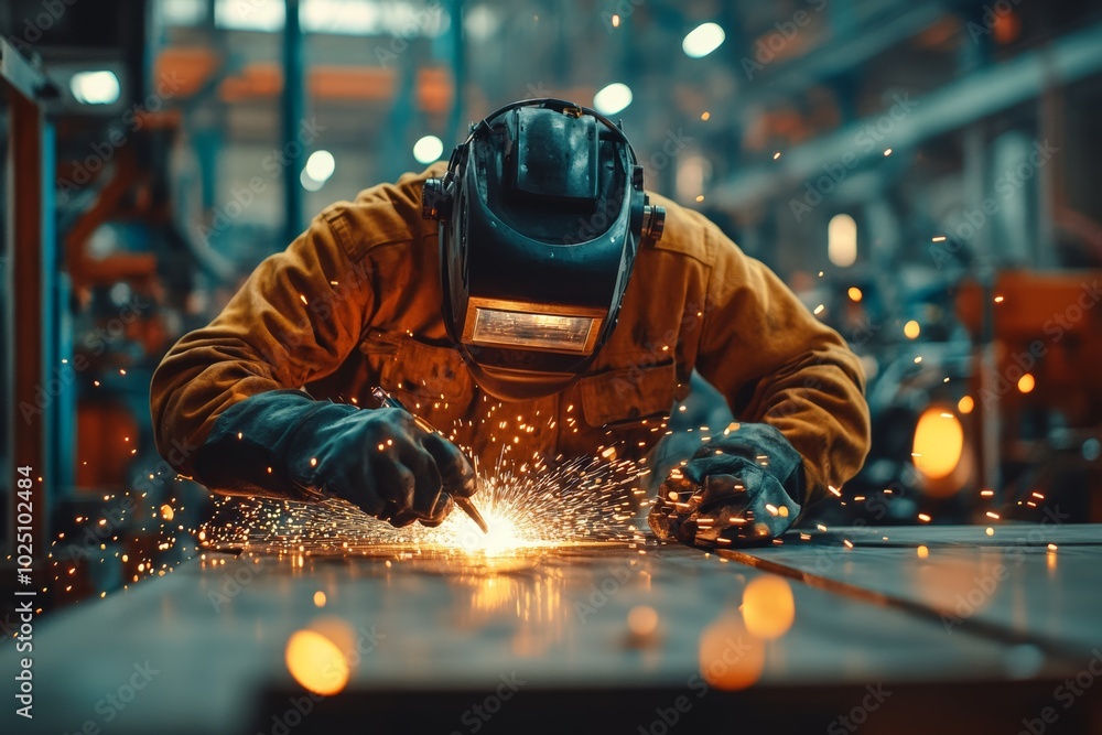 Poster man in jacket is working on a piece of metal with sparks flying. engineer check and control welding 