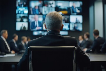 Fototapeta premium A businessman in a suit attending a virtual meeting, with multiple screens showing participants, representing modern digital communication.
