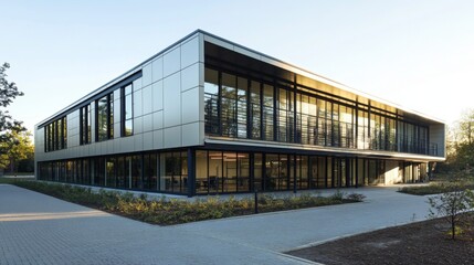 Fototapeta premium Modern Office Building with Large Windows and a Patio