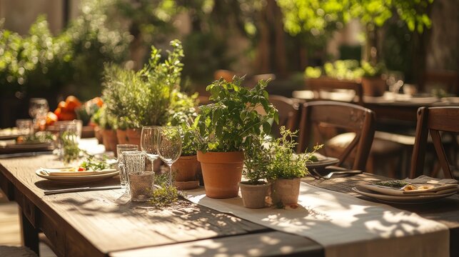 A rustic wooden table set for a meal with terracotta pots filled with herbs and greenery, creating a warm and inviting ambiance.