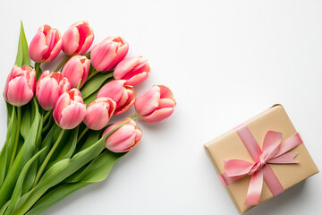 Fototapeta premium A bouquet of pink tulips with a ribbon and a gift box on a white background. Top view with copy space. 