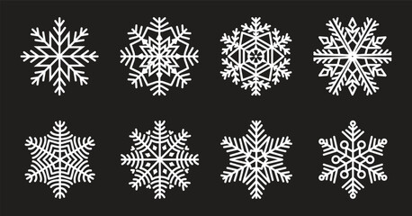 Snowflake icons of different shapes on black background