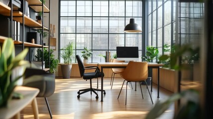 Fototapeta premium Modern office workspace with large windows, wooden desk, and plants.