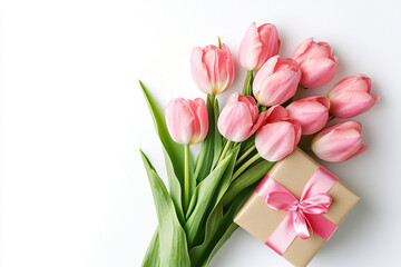 Fototapeta premium A bouquet of pink tulips with a ribbon and a gift box on a white background. Top view with copy space. 