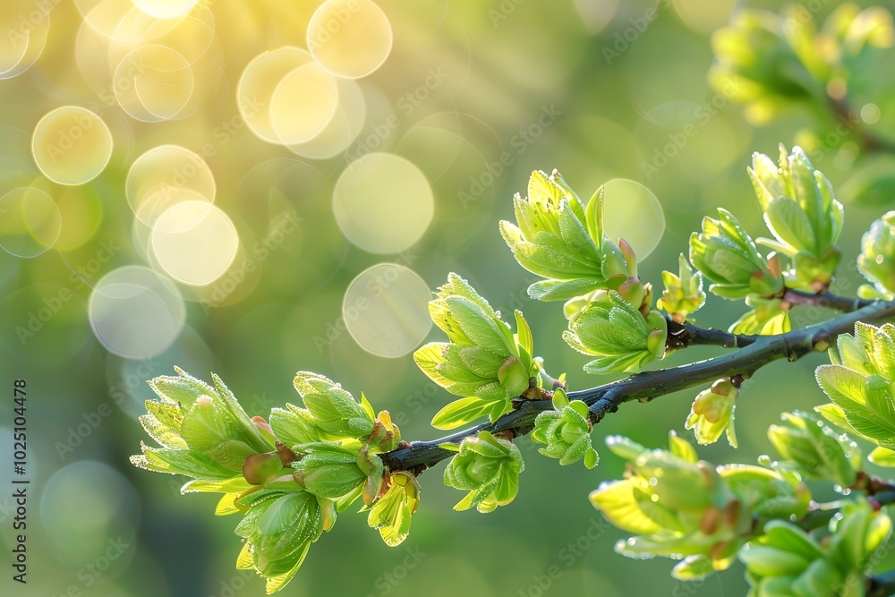 Poster fresh green leaves glimmering in soft light with bokeh background