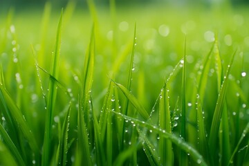 Obraz premium A close-up of dew-kissed rice grass, showcasing the fresh greenery and intricate details in high resolution.