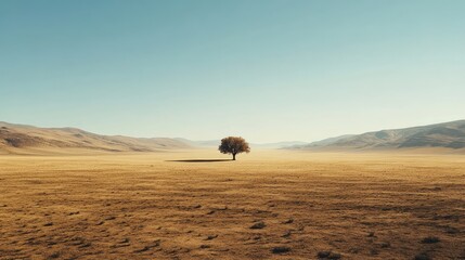 A vast, empty desert plain with a lone tree in the distance, framed by a clear sky, emphasizing the scale and emptiness of the space