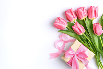 A bouquet of pink tulips with a ribbon and a gift box on a white background.  Top view with copy space.  