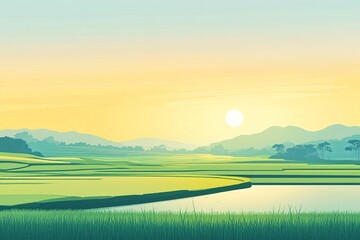Obraz premium Rice fields, green rice fields, illustration style, flat vector design, simple background, grassland and mountains in the distance.