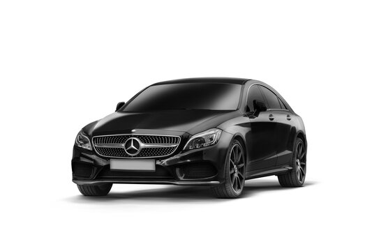 Side view of a black Mercedes CLS 2016 sedan photographed from the left and slightly front angle against a transparent background