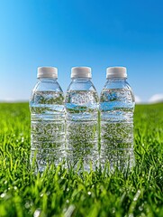 Three clear water bottles on vibrant green grass under a bright blue sky.