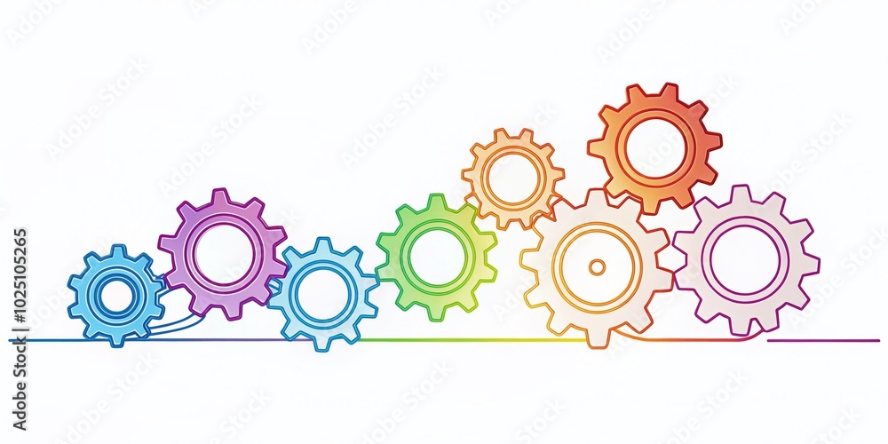 Poster continuous line illustration of gears - symbol of teamwork and development in minimalist lineart sty