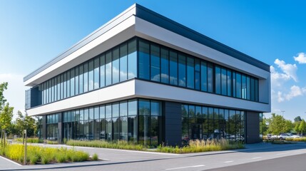 Obraz premium Modern Office Building with Glass Facade and Green Landscaping