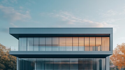 Fototapeta premium Modern Building with Large Glass Windows and a Balcony