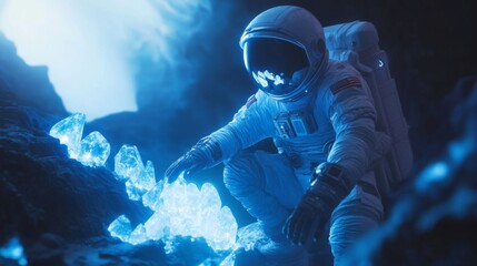 Astronaut Exploring a Glowing Crystal Cave