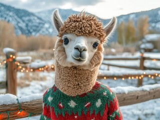 Alpaca wearing a Christmas sweater in a snowy landscape.