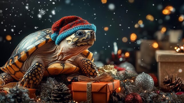 A turtle wearing a Santa hat sits amongst Christmas decorations and presents.