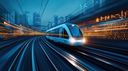 Fototapeta premium Highspeed train zooming through a landscape filled with digital projections of futuristic buildings and glowing tech symbols