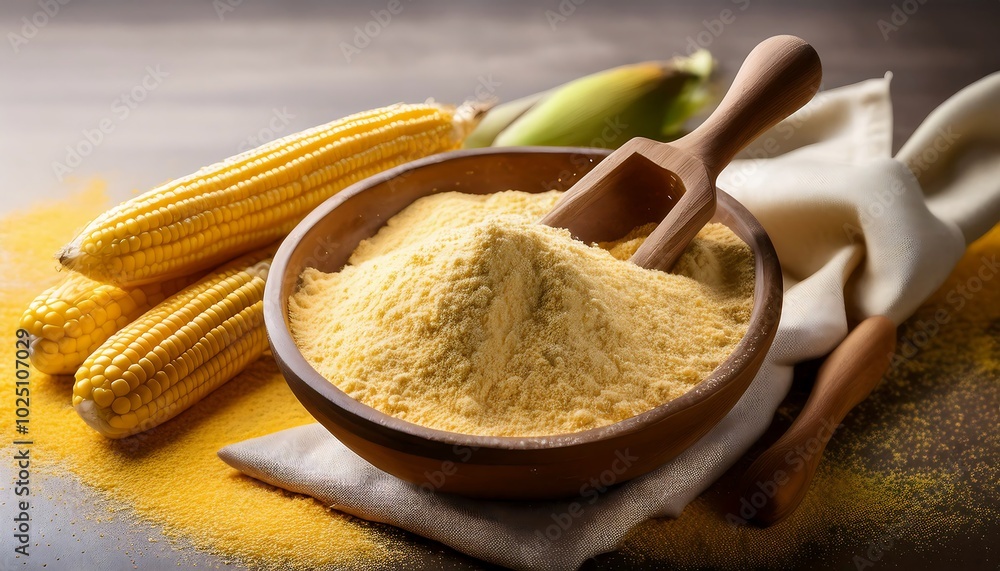 Poster Golden Harvest. Corn Flour in a Wooden Bowl