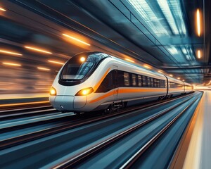Fototapeta premium Highspeed train with AIguided control systems, gliding effortlessly through a landscape of advanced infrastructure