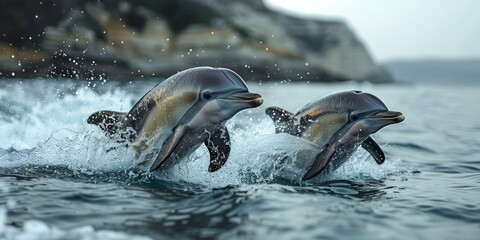 Obraz premium Dolphins Leap From the Ocean