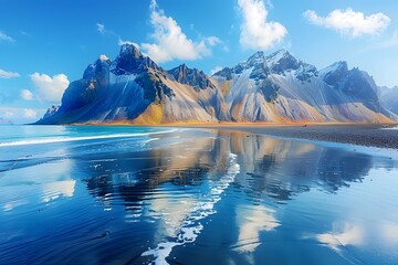 Obraz premium Stunning Coastal Landscape with Majestic Mountains and Reflective Waters